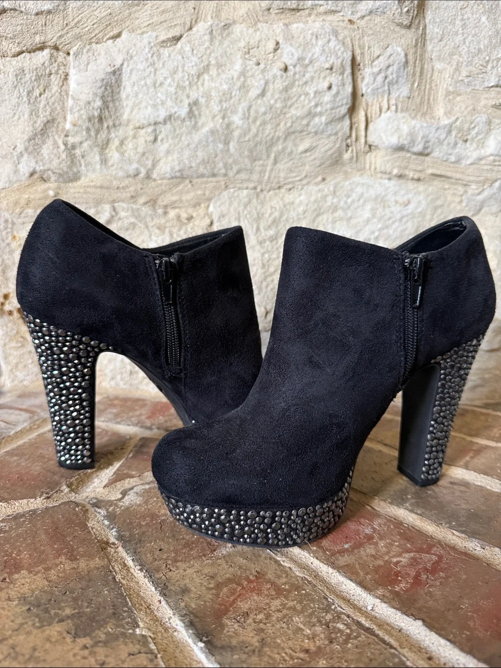 Gianni Bini Black Suede Crystal-Embellished Heel Ankle Booties - Picture 6 of 8